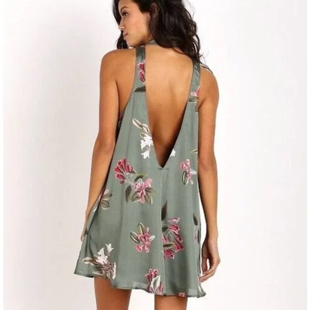 Show Me Your MuMu V Right Back Mini Olive Floral Dress - Small
